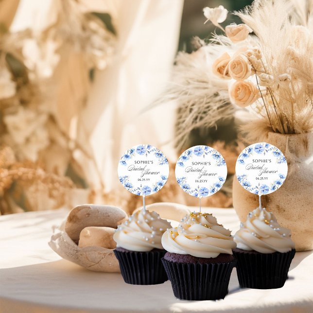 Adesivo Redondo Chá de panela Flor Azul Caligrafia Floral (Elegant watercolor floral stickers from my Something Blue Floral Bridal Shower Collection)