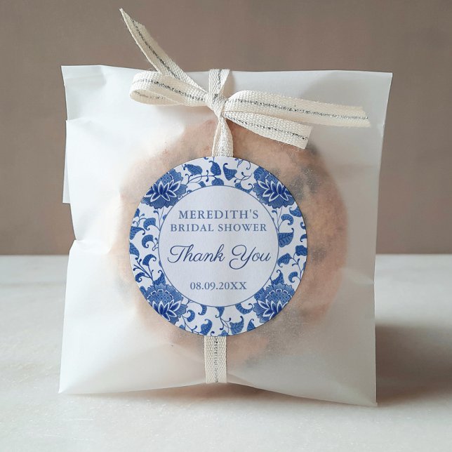 Adesivo Redondo Chá de panela Floral Azul e Branco Obrigado A Favo (Handpainted blue and white antique pattern Bridal Shower Favor or Baby Shower thank you sticker)
