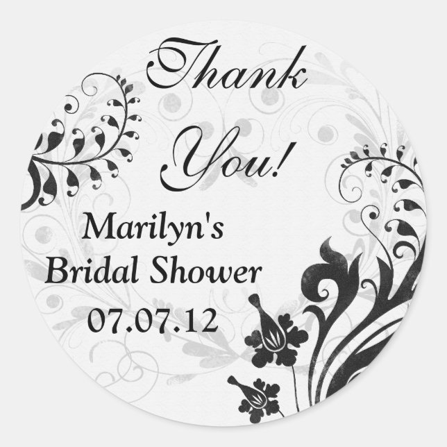 Adesivo Redondo Chá de panela Floral Black White Vintage Obrigado (Frente)