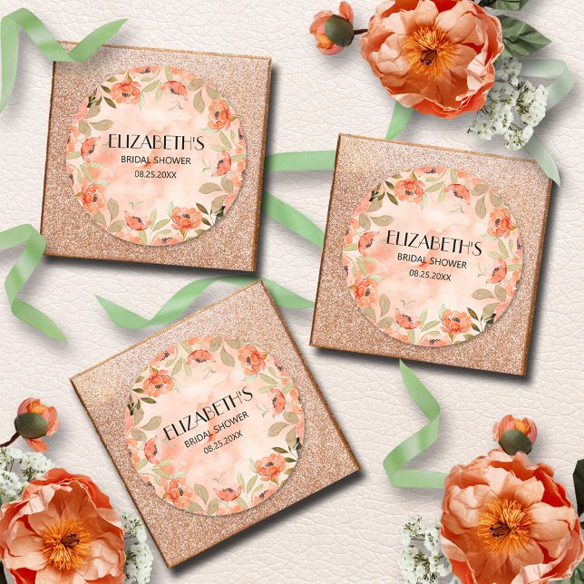 Adesivo Redondo Chá de panela Floral Laranja Aquarela (Watercolor orange floral bridal shower round stickers)