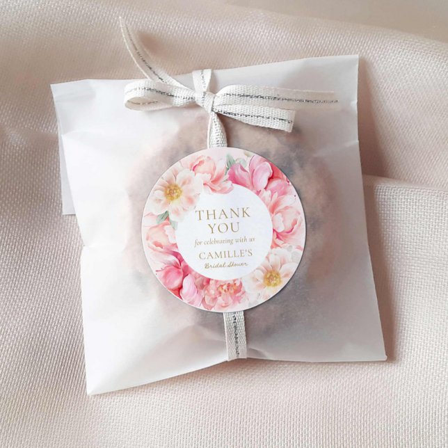 Adesivo Redondo Chá de panela Floral Rosa Elegante Obrigado (Elegant Pink Floral Bridal Shower Thank you sticker)
