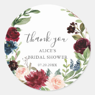 Adesivo Redondo Chá de panela Floral Russo Burgundy Blue Boho