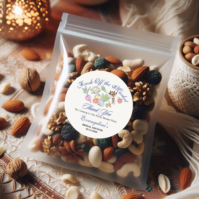 Adesivo Redondo Chá de Panela Fresh Off the Market Caprichoso (Fresh Off the Market Bridal Shower Whimsical Classic Round Sticker)