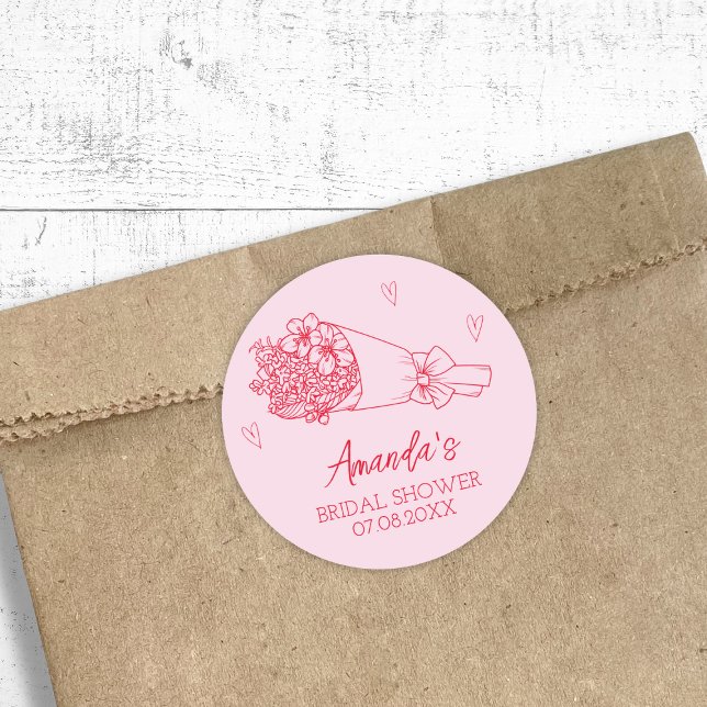 Adesivo Redondo Chá de panela rosa e vermelho do mercado do agricu (Farmer's Market Pink & Red Scribble Bridal Shower Classic Round Sticker)