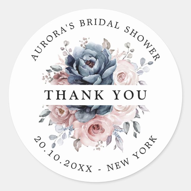 Adesivo Redondo Chá de panela rosa Rosa azul Dusty Obrigado (Frente)