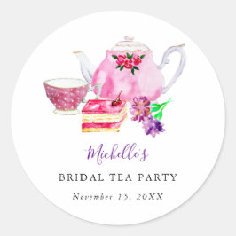 Adesivo Redondo Chá de panela Tea Party Purple Teapot Watercolor