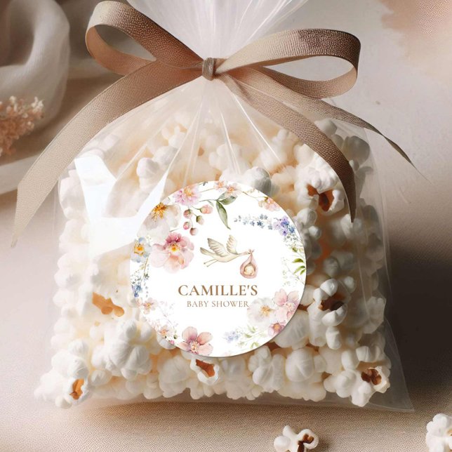 Adesivo Redondo Chá de Sangue de Bebê de Flor Selvagem (Wildflower Baby Shower Favor Round Sticker)