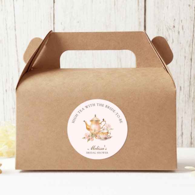 Adesivo Redondo Chá Elegante Rosa Pastel Dourado Chá de Noiva (Criador carregado)