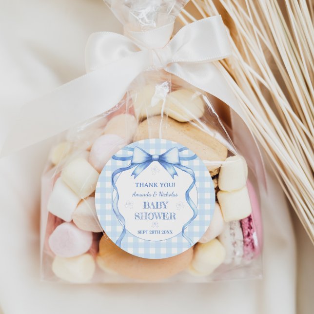 Adesivo Redondo Chá Gingham Blue Baby Boy Arco (Criador carregado)