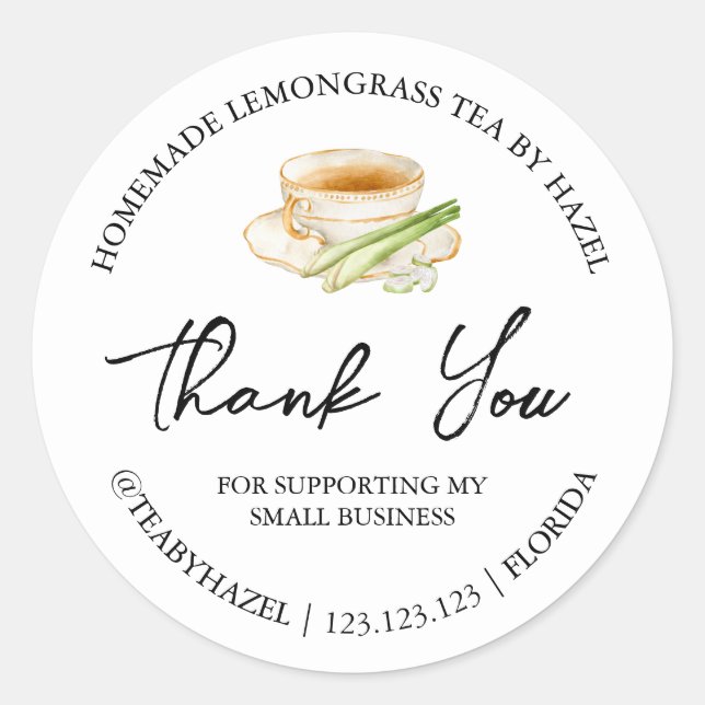 Adesivo Redondo Chá Simples De Lã-Limão. Obrigado Rótulo (Frente)