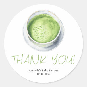 Adesivo Redondo Chá Verde Aquarela Latte Chá de Bebê Obrigado