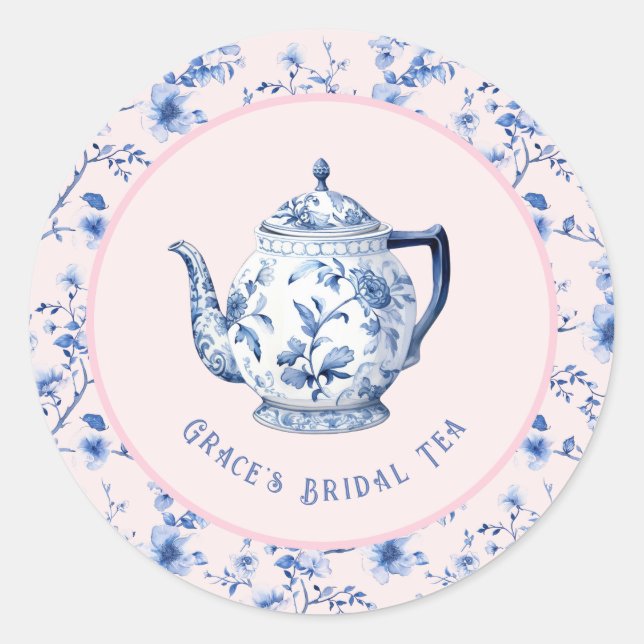 Adesivo Redondo Chaleira de Chinoiserie Rosa e Azul | Bridal Tea (Frente)