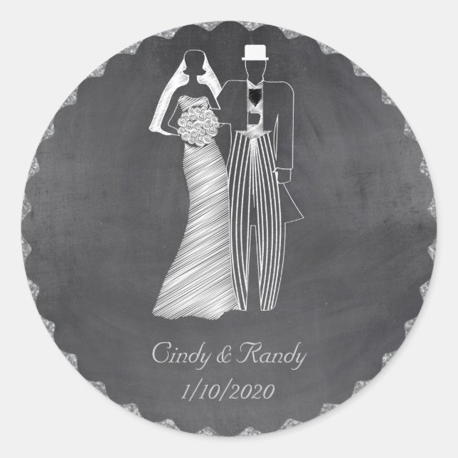 Adesivo Redondo Chalkboard Bride e Groom Wedding Sticker (Frente)