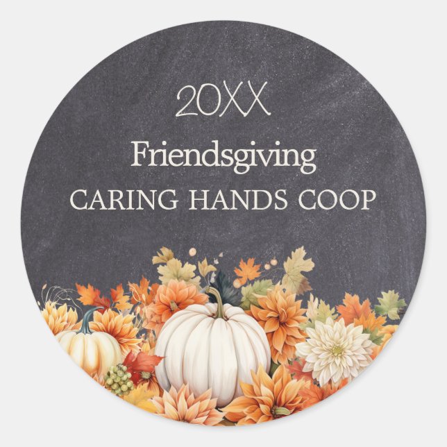 Adesivo Redondo Chalkboard Fall Pumpkin Floral Friendsgiving Year (Frente)