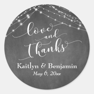 Adesivo Redondo Chalkboard Luzes de Casamento Script Amor e Obriga