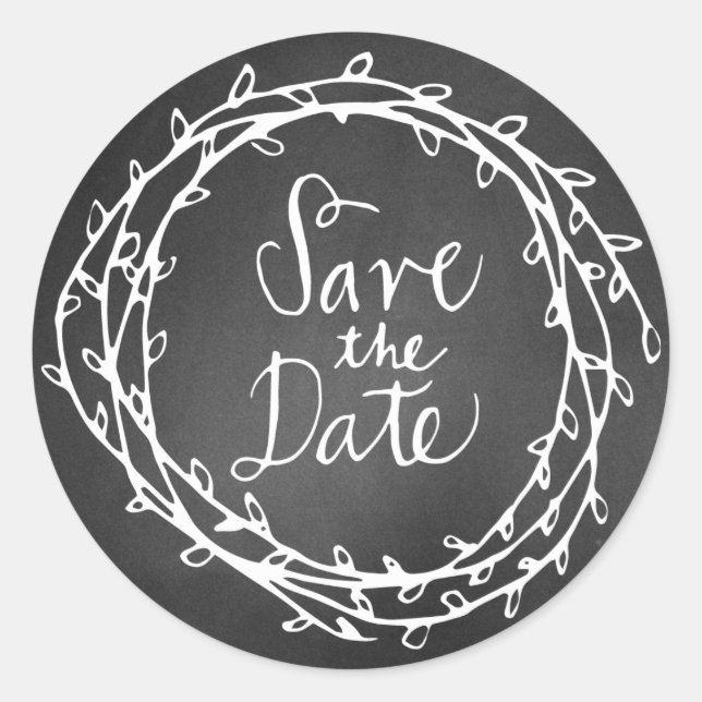 Adesivo Redondo Chalkboard Wreath Weding the Date Sticker (Frente)