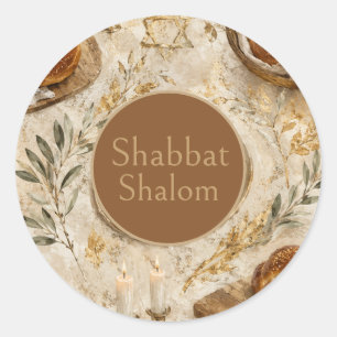 Adesivo Redondo Challah Botânico, Bege Dourado, Shabbat Rústico