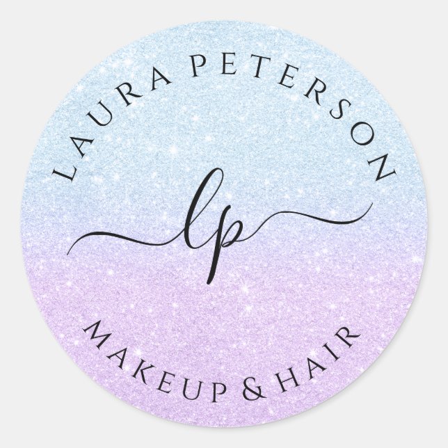 Adesivo Redondo Chamada manuscrita de script com brilho púrpura az (Frente)