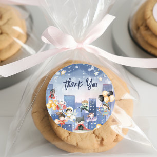 Adesivo Redondo Chamando todos super-heróis crianças obrigado você