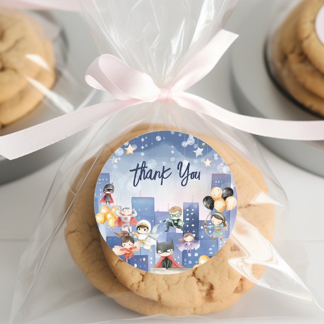 Adesivo Redondo Chamando todos super-heróis crianças obrigado você (Criador carregado)