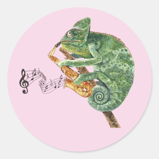 Adesivo Redondo Chameleon Jazz Clássico Round Sticker Saxofone (Frente)