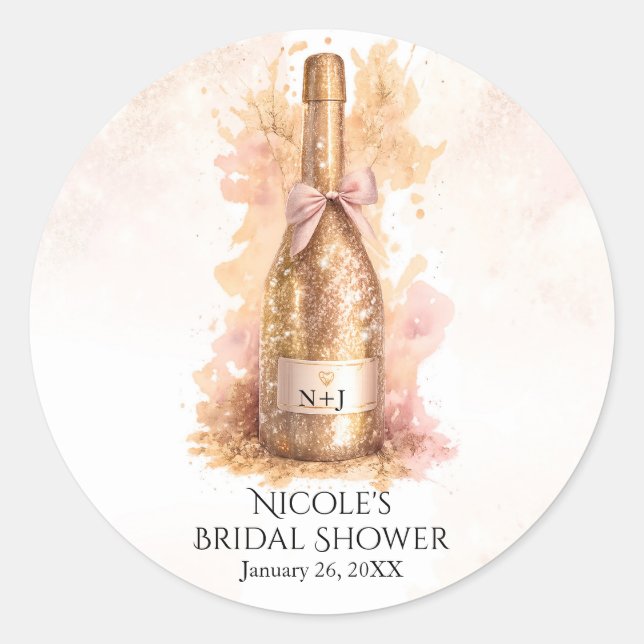 Adesivo Redondo Champagne Bubbly & Gold Glitter Bridal Shower (Frente)