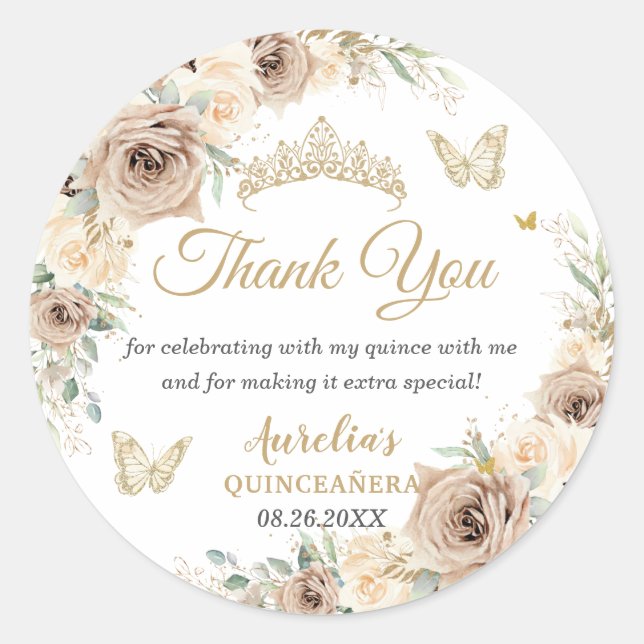 Adesivo Redondo Champagne Creme Bege Floral Quinceañera Doze Anos (Frente)