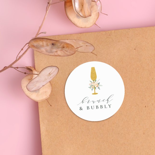 Adesivo Redondo Champagne Dourado Floral Café da Noiva & Espumante (Round Sticker Mock-up)