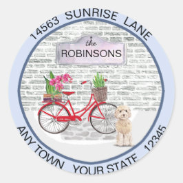 Adesivo Redondo Champaign Cockapoo Movendo Bicicleta Novo Endereço