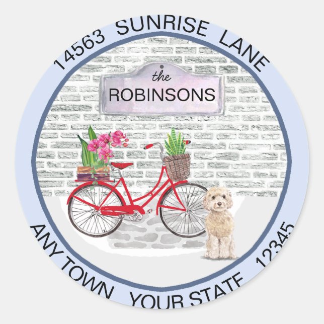 Adesivo Redondo Champaign Cockapoo Movendo Bicicleta Novo Endereço (Frente)