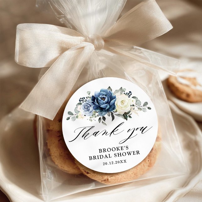 Adesivo Redondo Champanhe Azul Dusty Marinho Ivory Obrigado Clássi (Dusty Blue Navy Champagne Ivory Bridal shower Thank you Classic Classic Round Sticker)