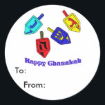 Adesivo Redondo Chanukah Dreidels<br><div class="desc">Um presente feliz de Chanukah,  com 4 sonhos com letras hebraicas que representam um milagre Excelente,  aconteceu lá!</div>