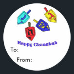 Adesivo Redondo Chanukah Dreidels<br><div class="desc">Um presente feliz de Chanukah,  com 4 sonhos com letras hebraicas que representam um milagre Excelente,  aconteceu lá!</div>