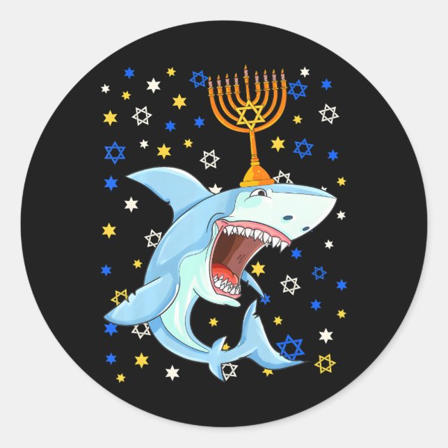 Adesivo Redondo Chanukah judeu Menorah Shark Engraçado Hanukkah (Frente)