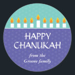 Adesivo Redondo Chanukah Menorah Sticker<br><div class="desc">Acenda a menorah e compartilhe sua alegria com Chanukah. Uma mensagem de feriado coroada por um impressão Chanukah menorah totalmente iluminado contra painéis de roxo e chalé com um padrão sutil de círculo. Disponível em cores alternativas com postagem,  cartões de fotos,  cartões e rótulos correspondentes.</div>