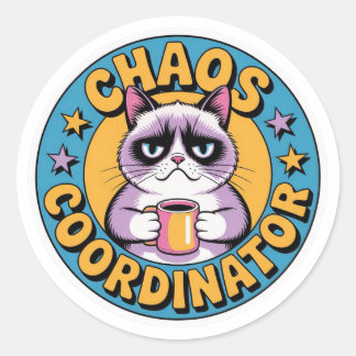 Adesivo Redondo Chaos Coordinator Cat Sticker - Funny Grumpy Coffe