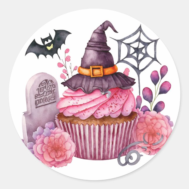 Adesivo Redondo Chapeau de sorcière, gateau, fleurs Halloween (Frente)