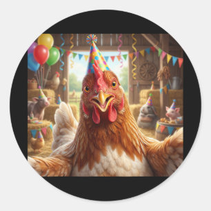 Adesivo Redondo Chapéu de Aniversário de Selfie de Frango Engraçad
