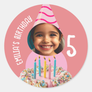 Adesivo Redondo Chapéu de Bolo de Aniversário com Foto Personaliza