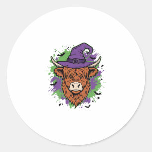 Adesivo Redondo Chapéu de Bruxa Cow Highland Halloween Vetor Vinta