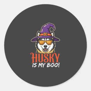 Adesivo Redondo Chapéu de Bruxa do Husky de Halloween é Meu Amor
