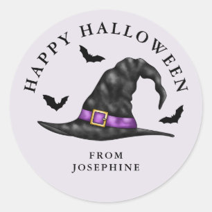 Adesivo Redondo Chapéu De Bruxa E Morcegos Lilás Feliz Halloween