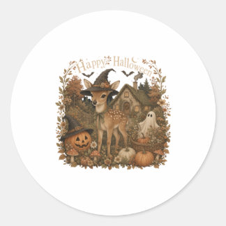 Adesivo Redondo Chapéu de Bruxa Fawn Feliz Halloween Cottagecore