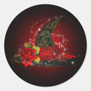 Adesivo Redondo Chapéu de Bruxa Glam Lace Preto Vermelho Brilho Fa