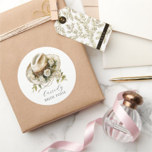 Adesivo Redondo Chapéu de Cowgirl Floral Posse da Noiva Nome Perso