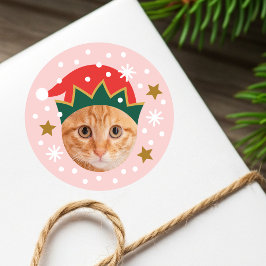 Adesivo Redondo Chapéu de Elfo Festivo de Natal Foto Personalizada
