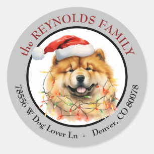 Adesivo Redondo Chapéu de Papai Noel Cachorro Chow Chow Endereço d