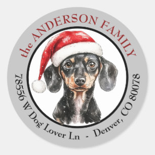 Adesivo Redondo Chapéu de Papai Noel Cachorro Dachshund Endereço d