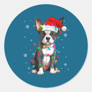 Adesivo Redondo Chapéu de Papai Noel de Natal do Boston Terrier