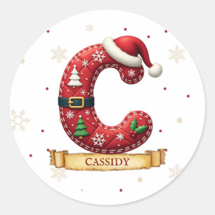 Adesivo Redondo Chapéu de Papai Noel Vermelho Letra C Nome